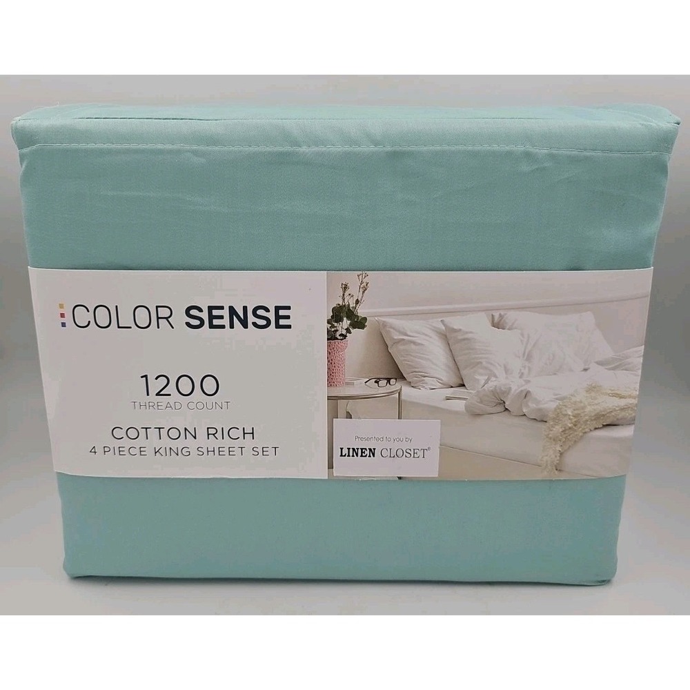 COLOR SENSE 1200 Thread Count Cotton Rich King Sheet Set 4 Piece Aqua
